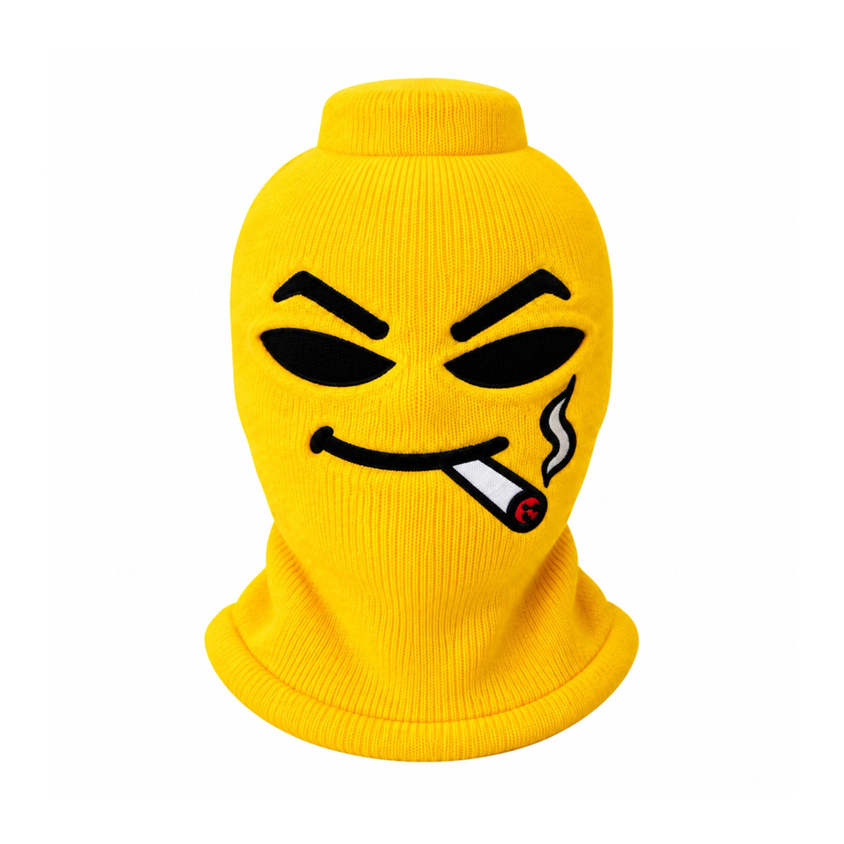 Maskot Boss yellow ski mask with a smirking cartoon face