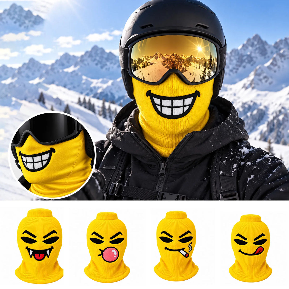Skier wearing a yellow Maskot cartoon face balaclava on the mountain, with all four Maskot faces
