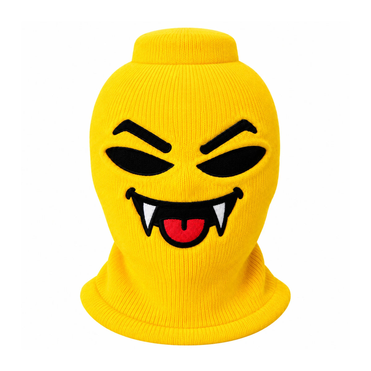 Maskot Fangs yellow ski mask with a big toothy grin