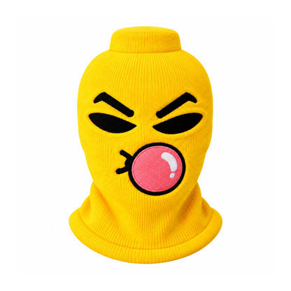 Maskot Gum yellow ski mask blowing a pink bubblegum bubble