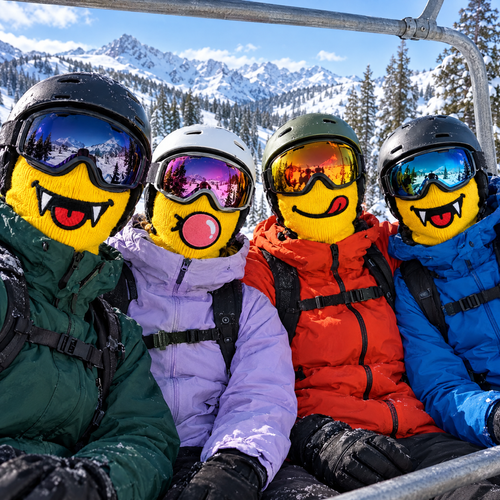 Four friends on a chairlift each wearing a different Maskot ski mask face