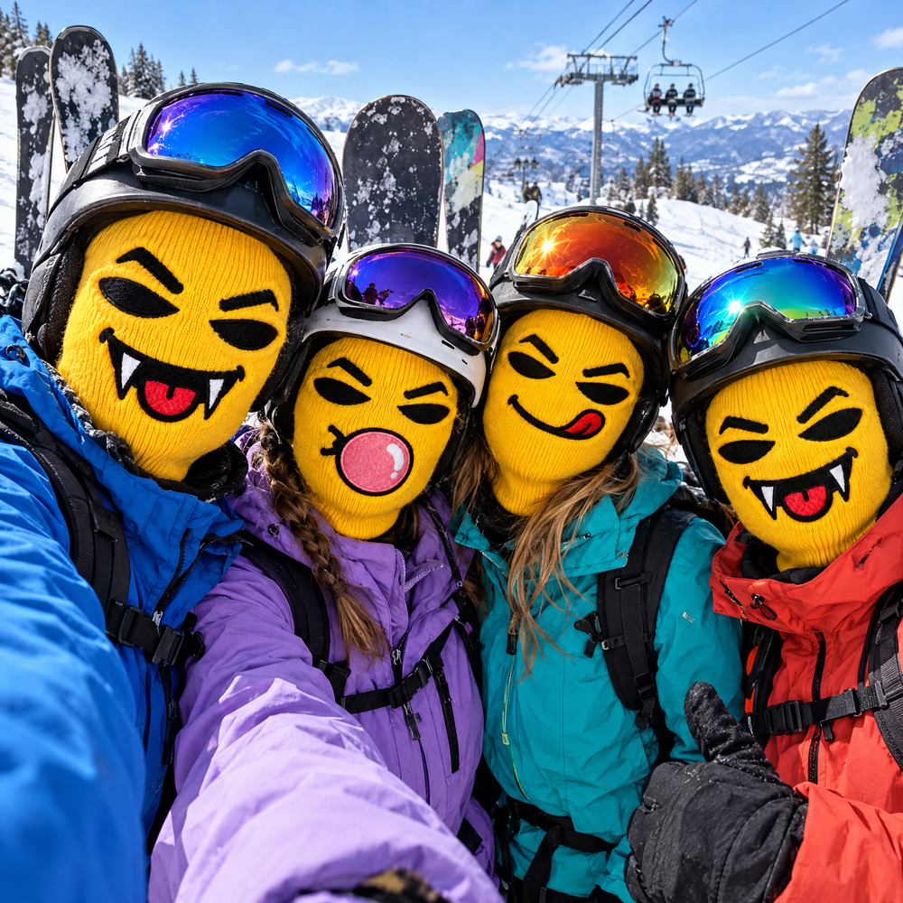 Group selfie of four friends at a ski resort wearing Maskot ski masks