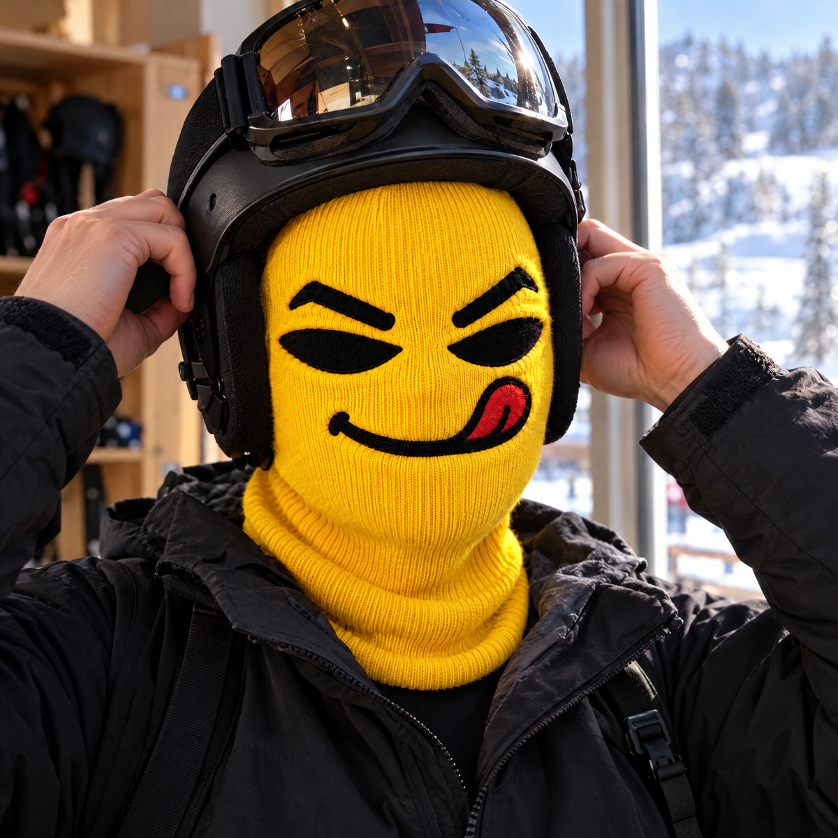 Skier adjusting a helmet over the stretchy Maskot Cheeky ski mask