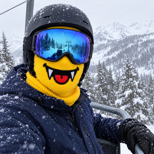 Skier on a chairlift in falling snow wearing the Maskot Fangs ski mask with helmet and goggles